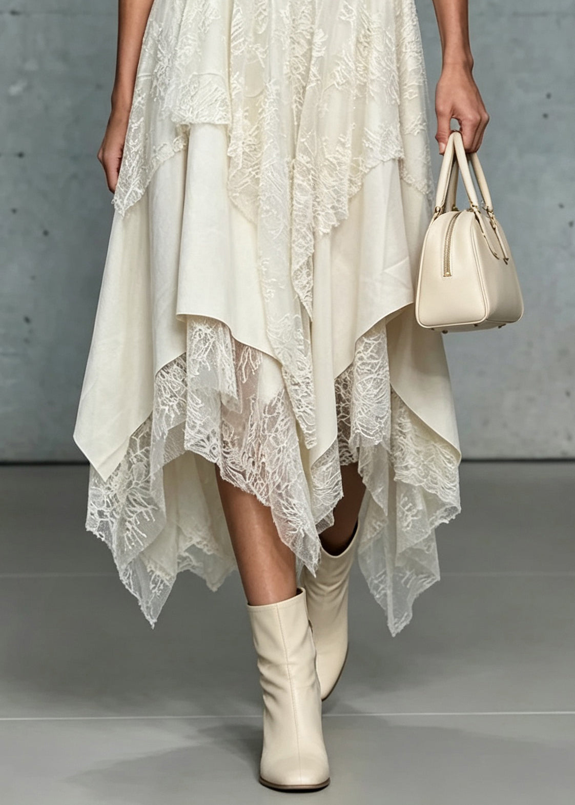 Boho White Asymmetrical Patchwork Elastic Waist Silk Skirt Fall