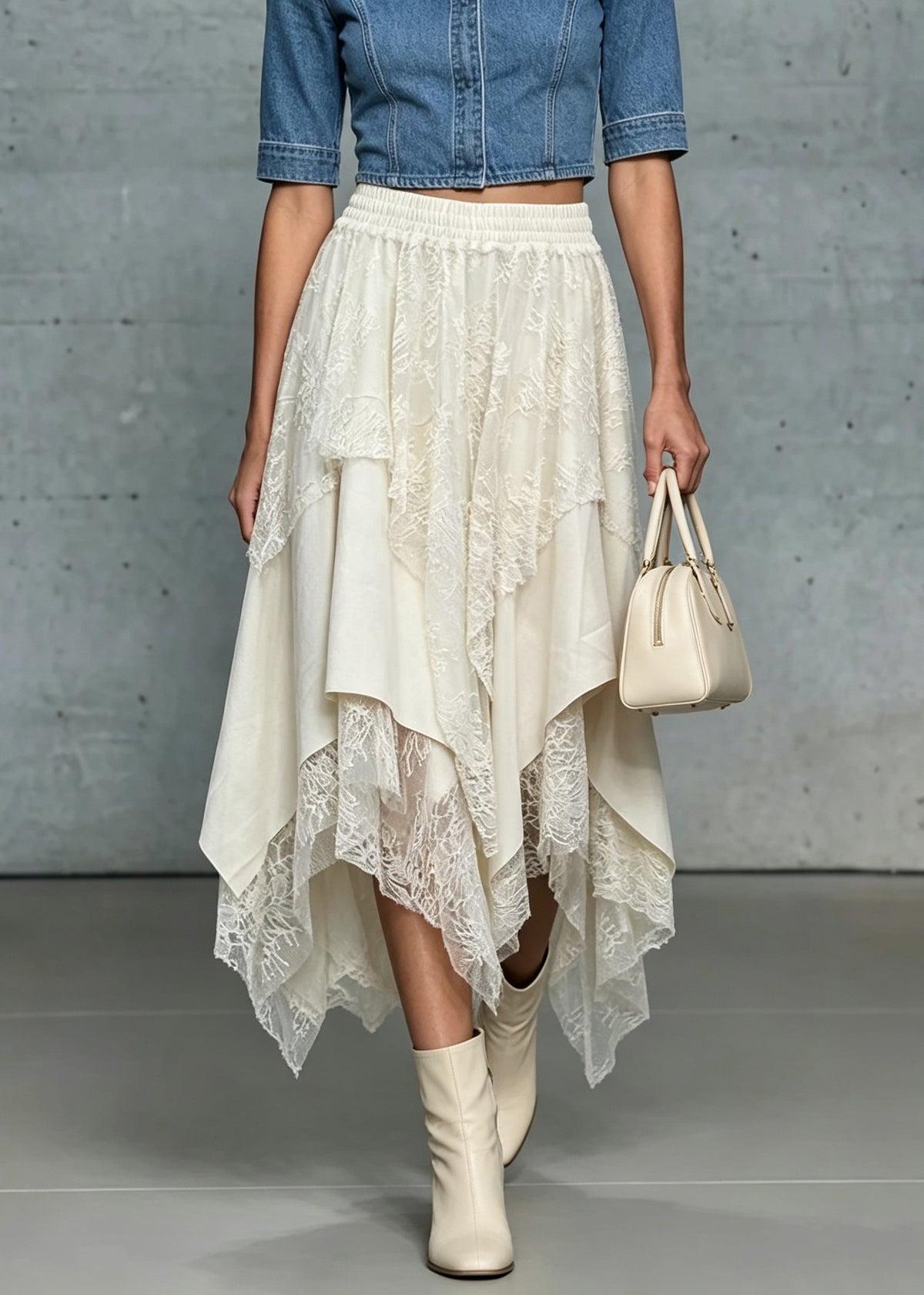 Boho White Asymmetrical Patchwork Elastic Waist Silk Skirt Fall