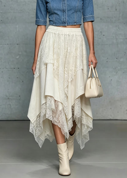 Boho White Asymmetrical Patchwork Elastic Waist Silk Skirt Fall