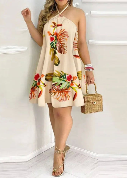 Boho White Backless Print Cotton Halter Dress Summer