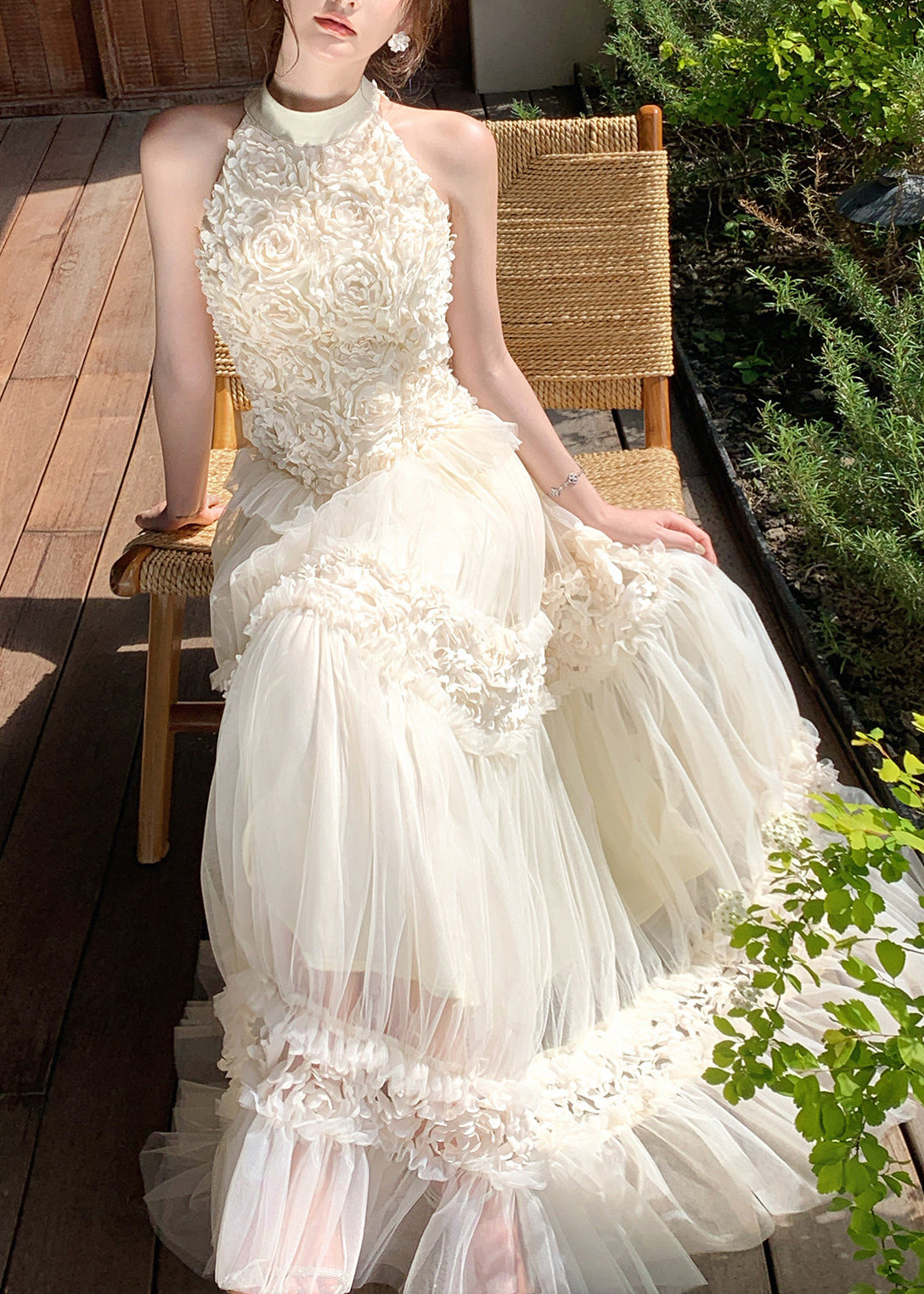 Boho White Cold Shoulder Floral Tulle Party Dress Summer