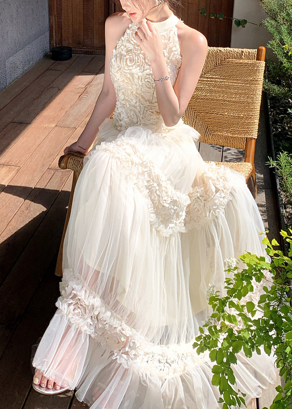 Boho White Cold Shoulder Floral Tulle Party Dress Summer