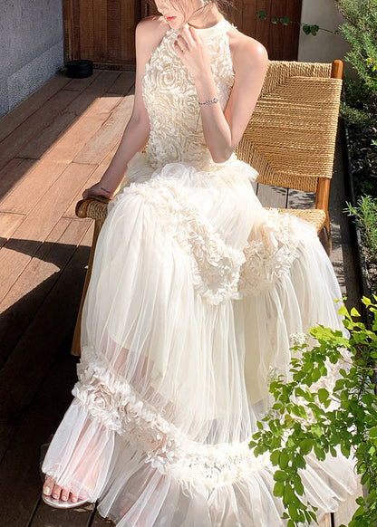 Boho White Cold Shoulder Floral Tulle Party Dress Summer