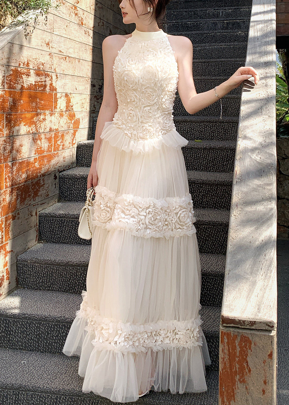 Boho White Cold Shoulder Floral Tulle Party Dress Summer