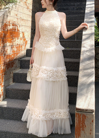 Boho White Cold Shoulder Floral Tulle Party Dress Summer