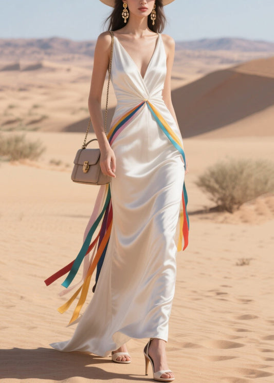 Boho White Draping Patchwork Multicolour Ribbon Silk Party Dress Summer