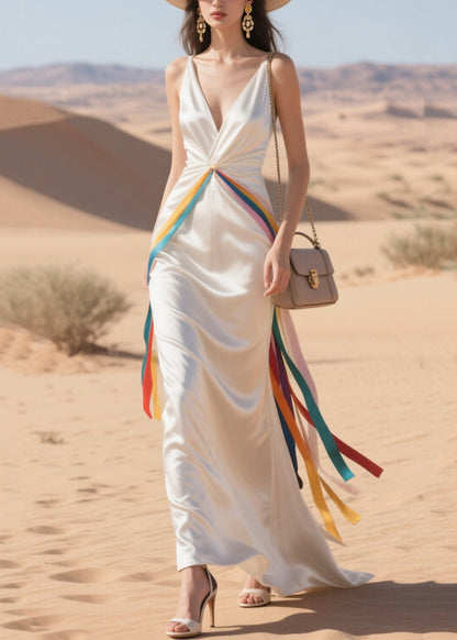 Boho White Draping Patchwork Multicolour Ribbon Silk Party Dress Summer