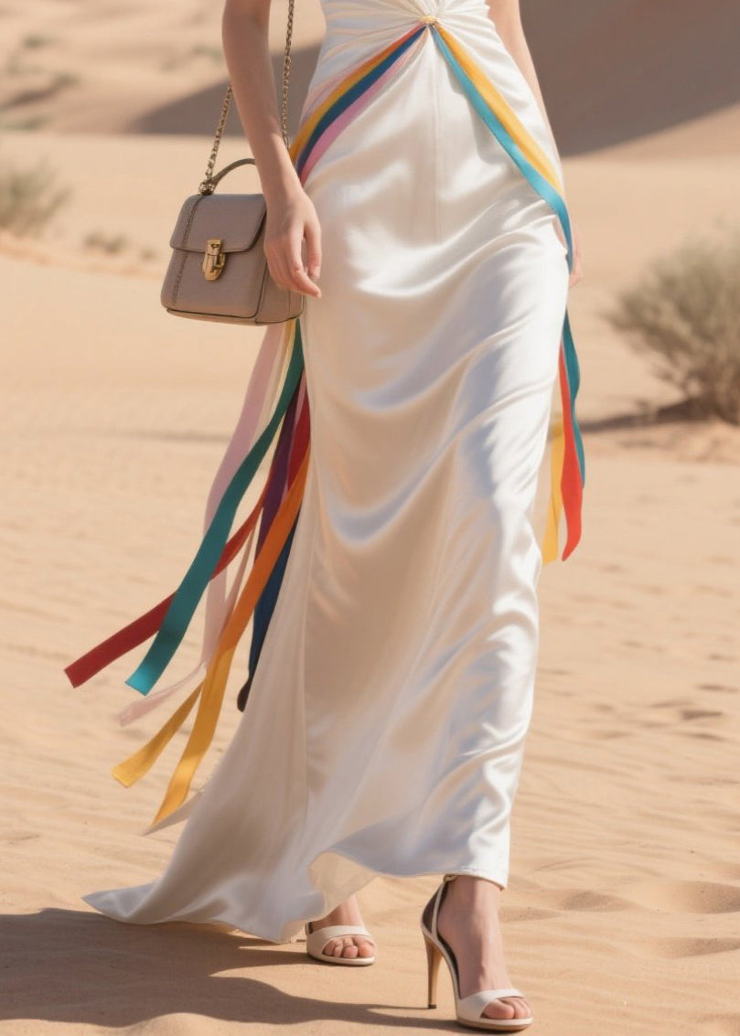 Boho White Draping Patchwork Multicolour Ribbon Silk Party Dress Summer