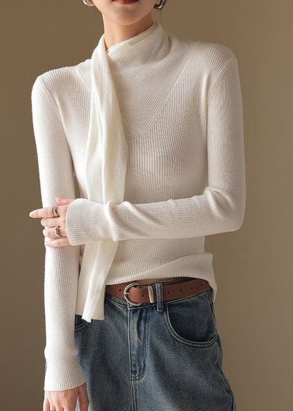 Boho White High Neck With Scarf Knit Shirts Fall