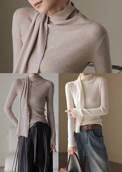 Boho White High Neck With Scarf Knit Shirts Fall