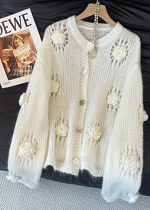Boho White Hollow Out Floral Decorated Knit Cardigans Fall