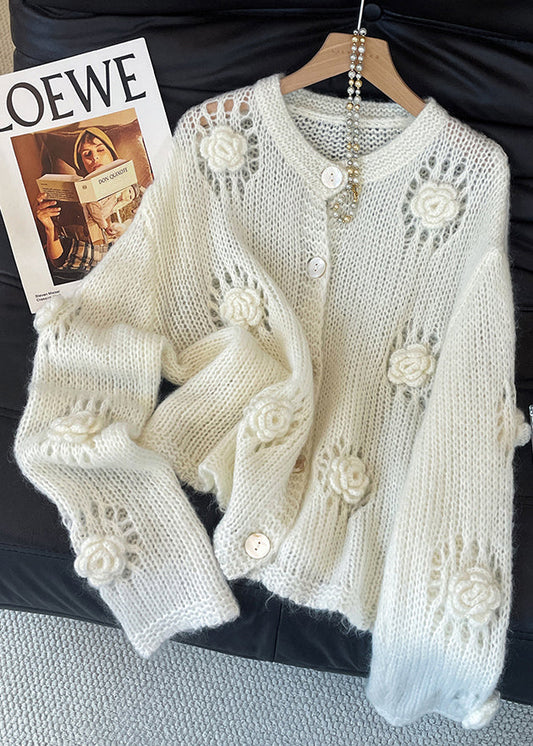 Boho White Hollow Out Floral Decorated Knit Cardigans Fall