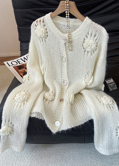Boho White Hollow Out Floral Decorated Knit Cardigans Fall