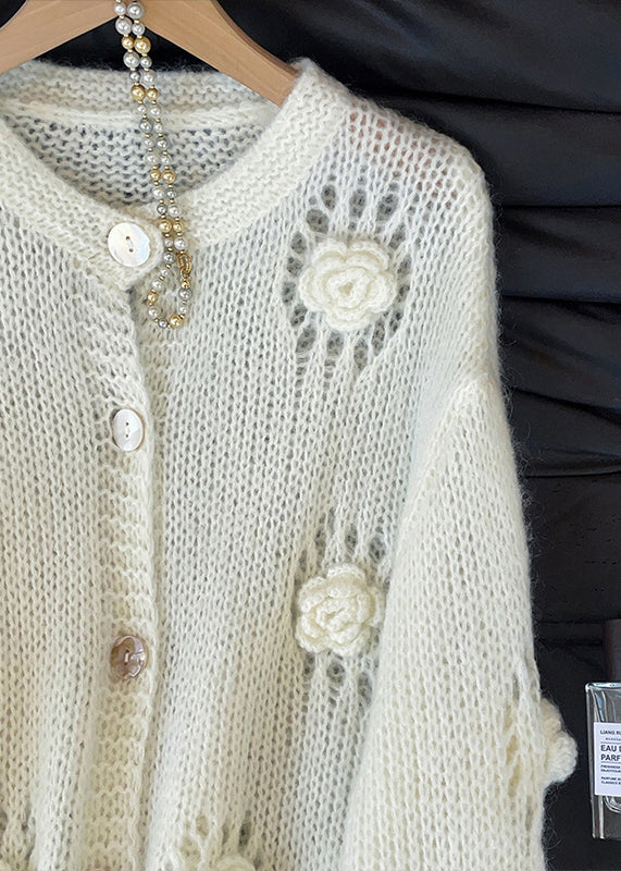 Boho White Hollow Out Floral Decorated Knit Cardigans Fall