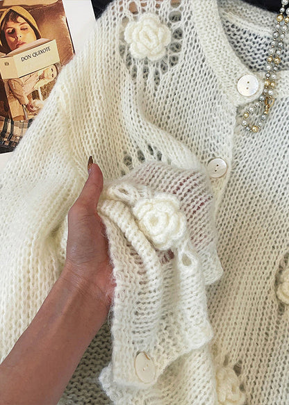 Boho White Hollow Out Floral Decorated Knit Cardigans Fall