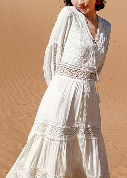 Boho White Lace Hollow Out Long Dress Puff Sleeve