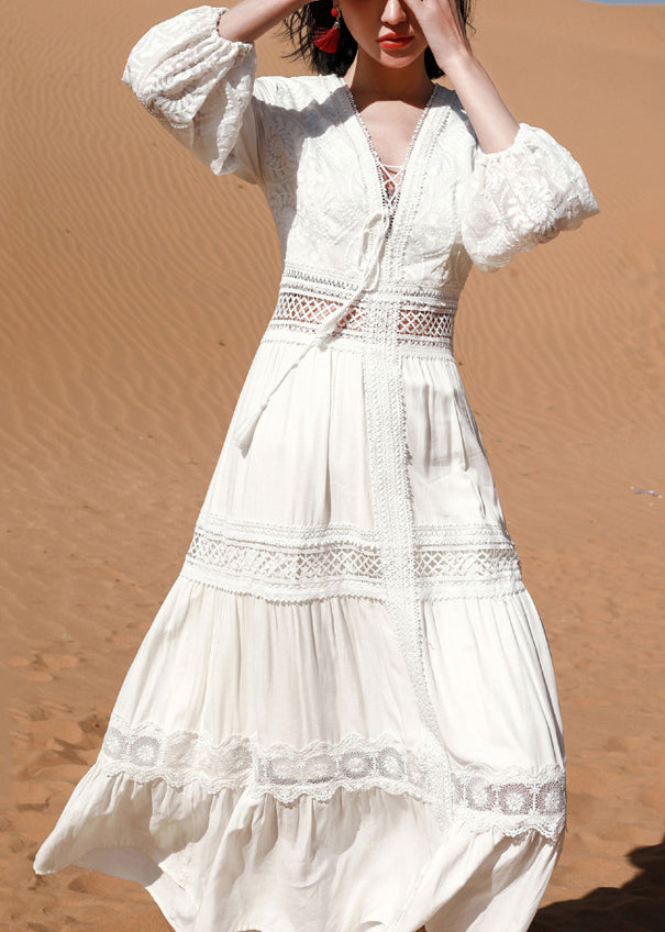 Boho White Lace Hollow Out Long Dress Puff Sleeve