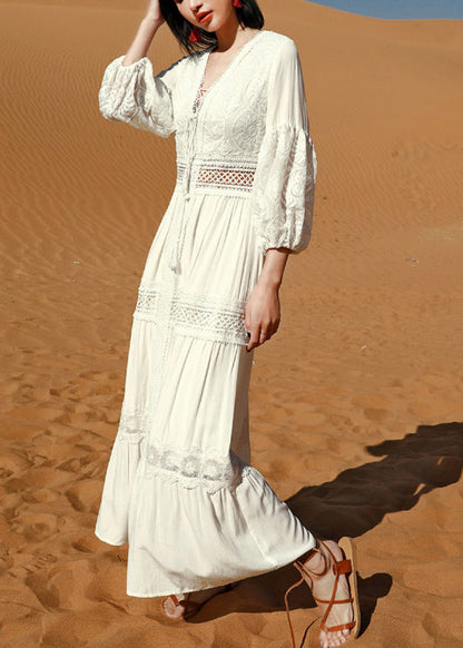 Boho White Lace Hollow Out Long Dress Puff Sleeve
