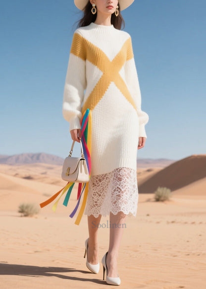 Boho White Lace Patchwork Warm Knitwear Dress Winter