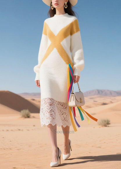 Boho White Lace Patchwork Warm Knitwear Dress Winter