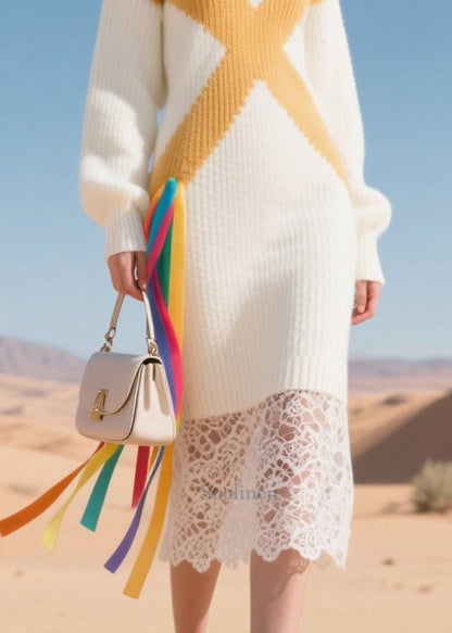 Boho White Lace Patchwork Warm Knitwear Dress Winter