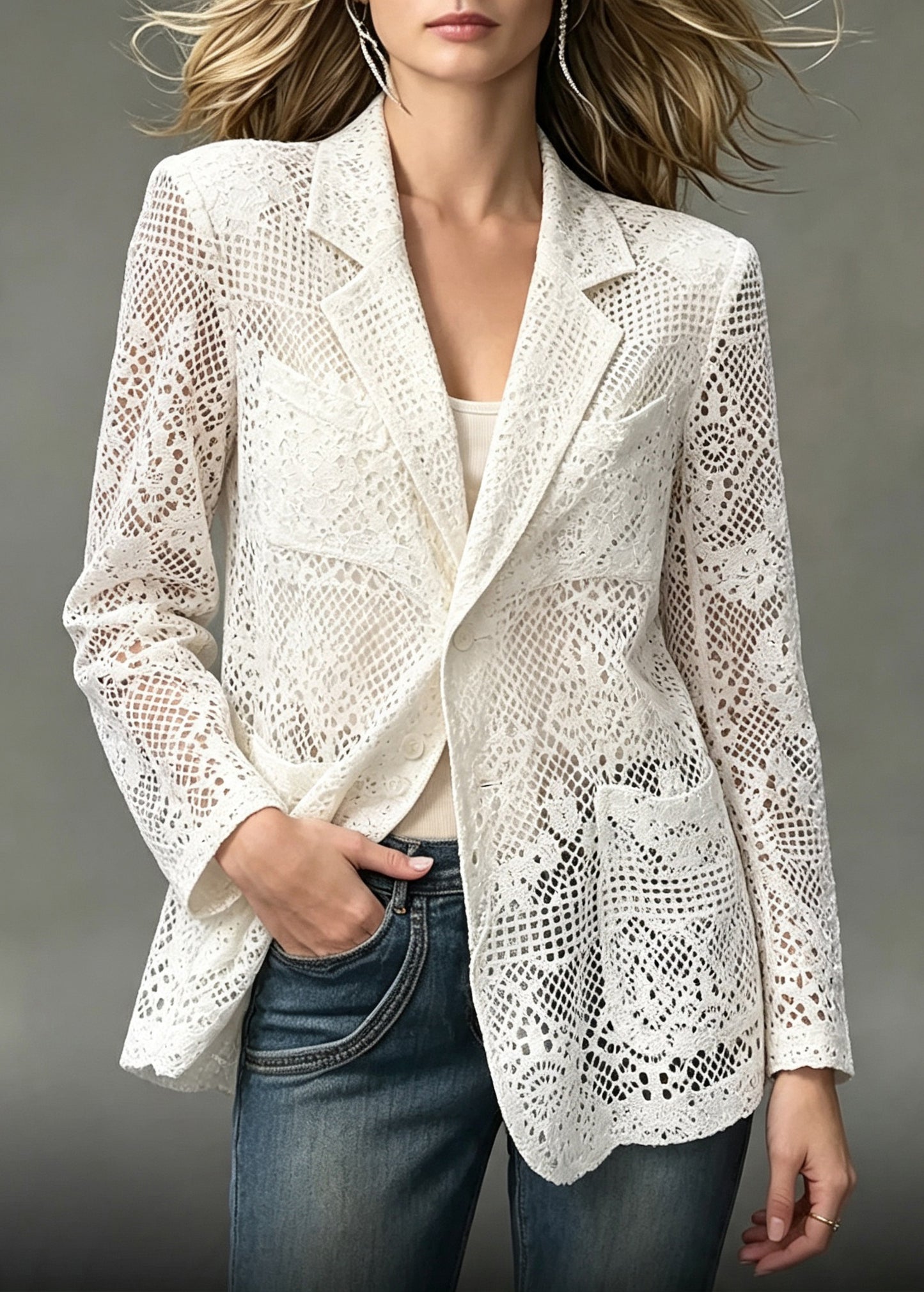 Boho White Notched Cut Out Pockets Jacket Long Sleeve
