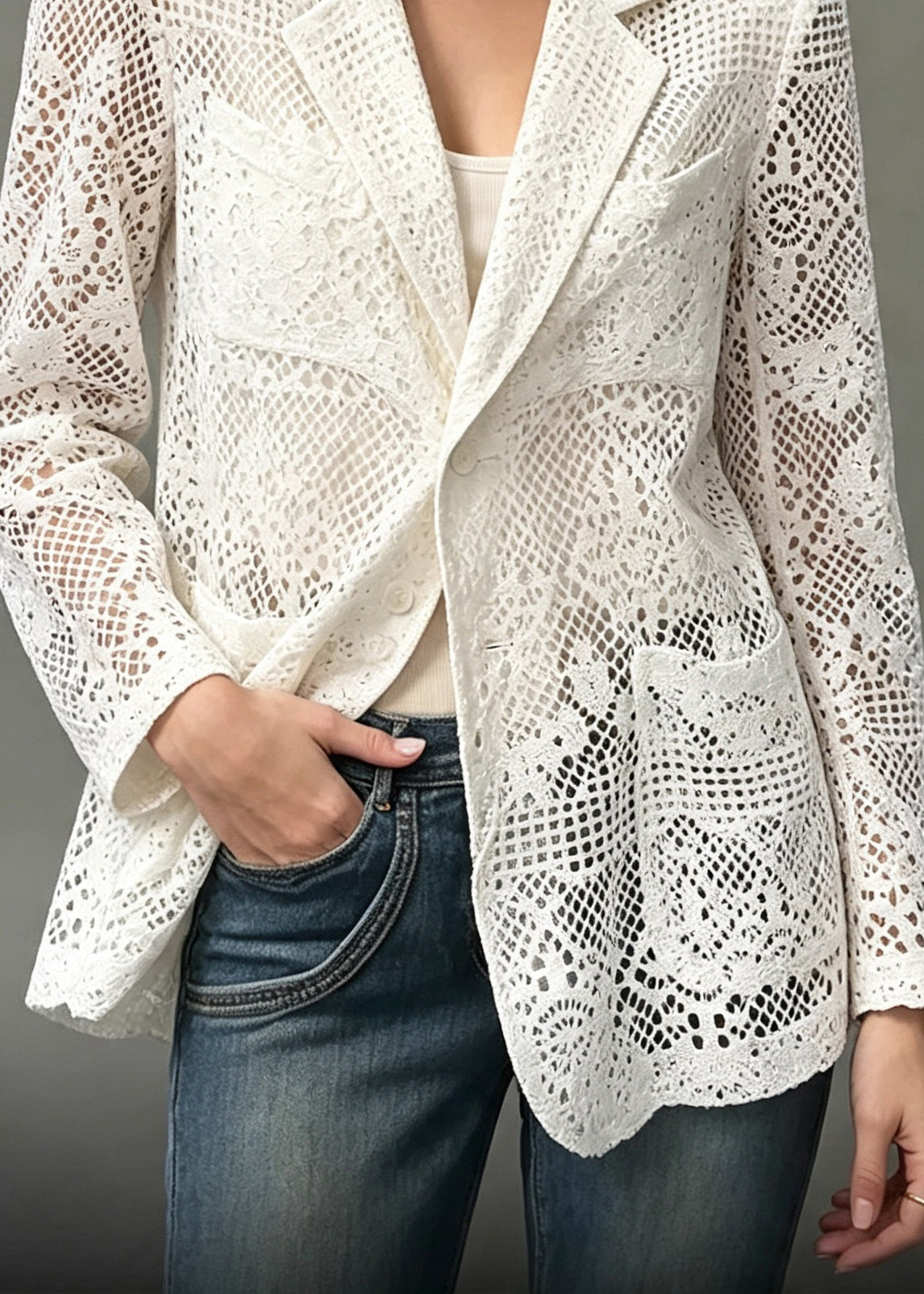Boho White Notched Cut Out Pockets Jacket Long Sleeve
