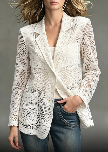 Boho White Notched Cut Out Pockets Jacket Long Sleeve