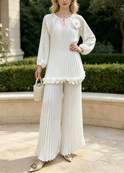 Boho White Oversized Floral Chiffon Pleated Two Pieces Set Spring