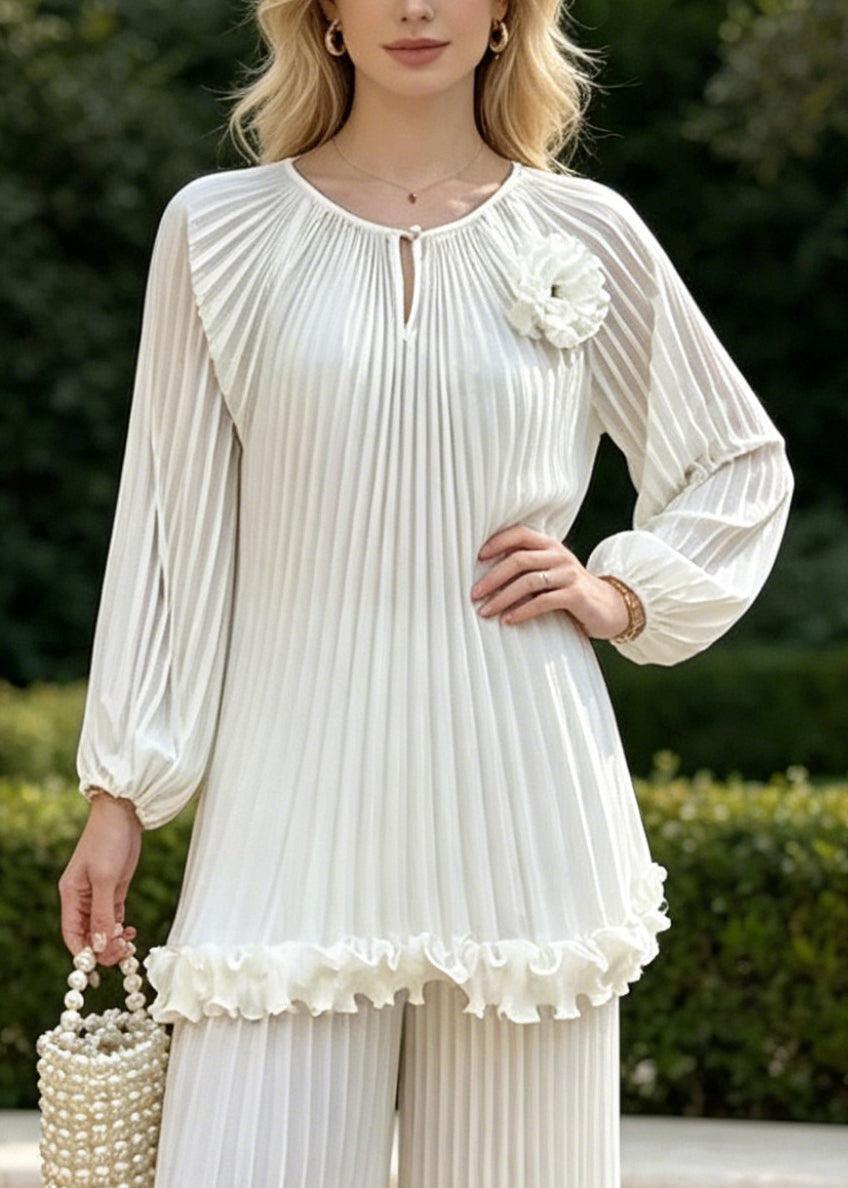 Boho White Oversized Floral Chiffon Pleated Two Pieces Set Spring