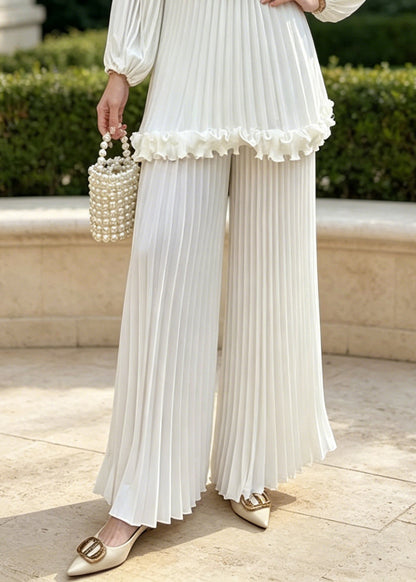 Boho White Oversized Floral Chiffon Pleated Two Pieces Set Spring