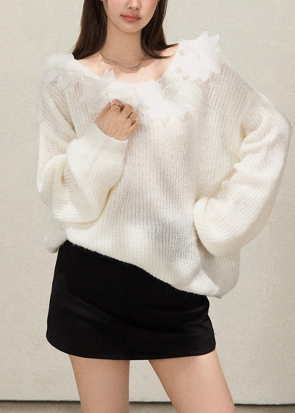 Boho White Oversized Floral Decorated Knit TopS Fall