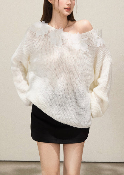 Boho White Oversized Floral Decorated Knit TopS Fall