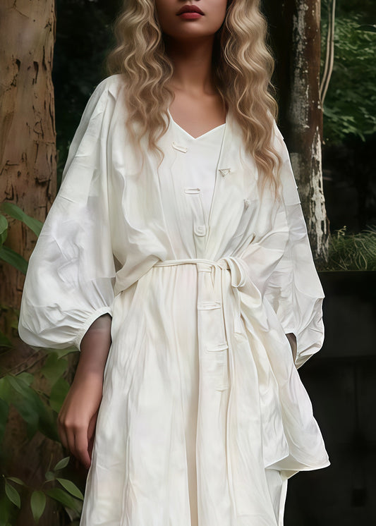 Boho White Oversized Jacquard Cotton Cardigan And Long Dress 2 Piece Outfit Spring