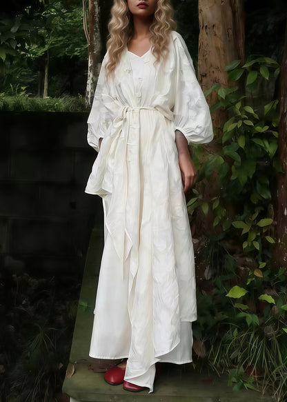 Boho White Oversized Jacquard Cotton Cardigan And Long Dress 2 Piece Outfit Spring