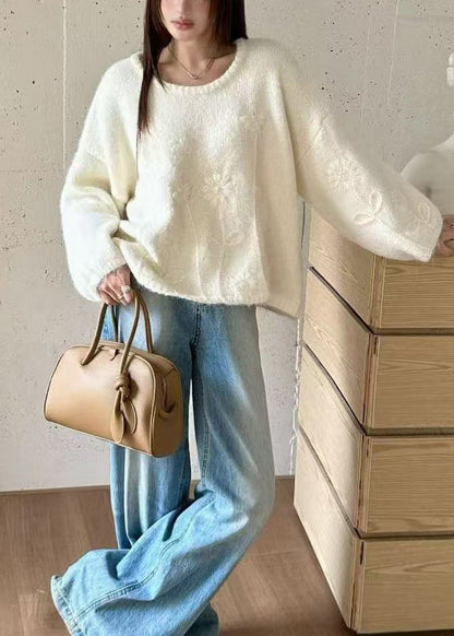 Boho White Oversized Jacquard Knit Sweaters Winter
