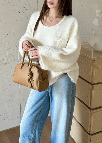 Boho White Oversized Jacquard Knit Sweaters Winter