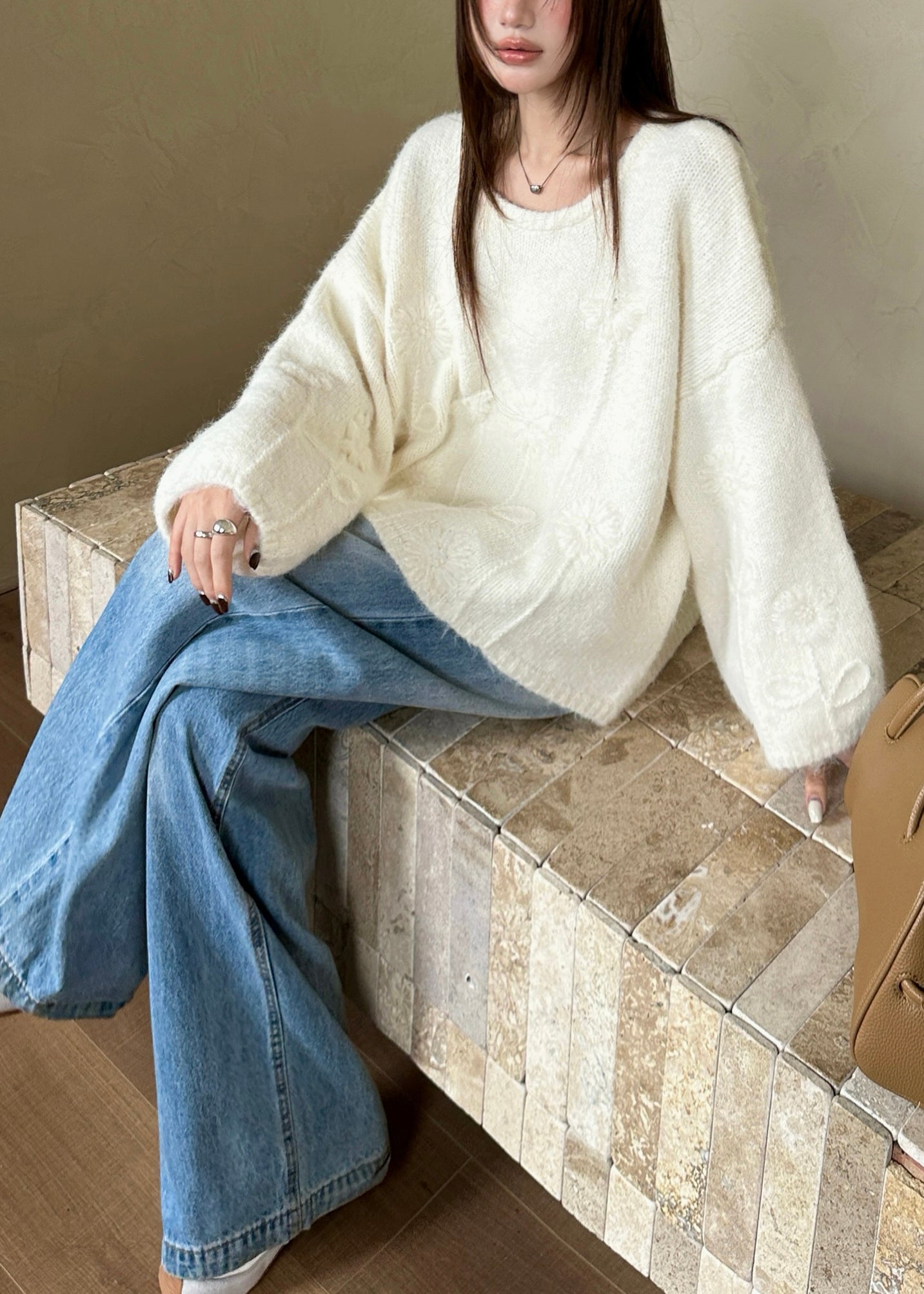 Boho White Oversized Jacquard Knit Sweaters Winter