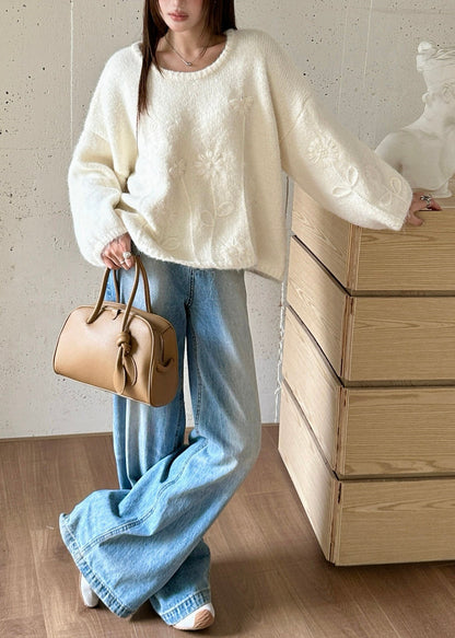 Boho White Oversized Jacquard Knit Sweaters Winter