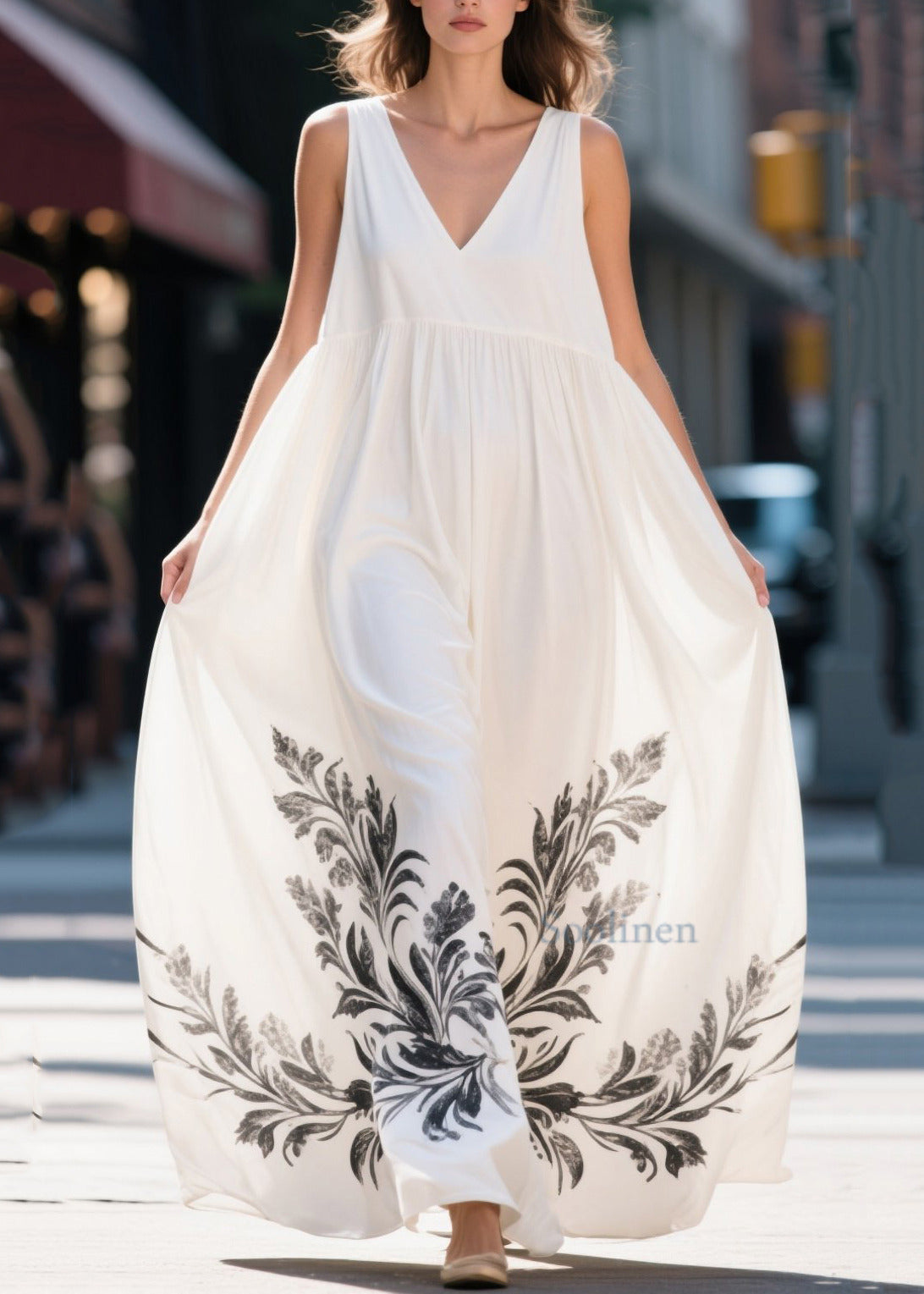 Boho White Oversized Print Chiffon Long Dresses Summer