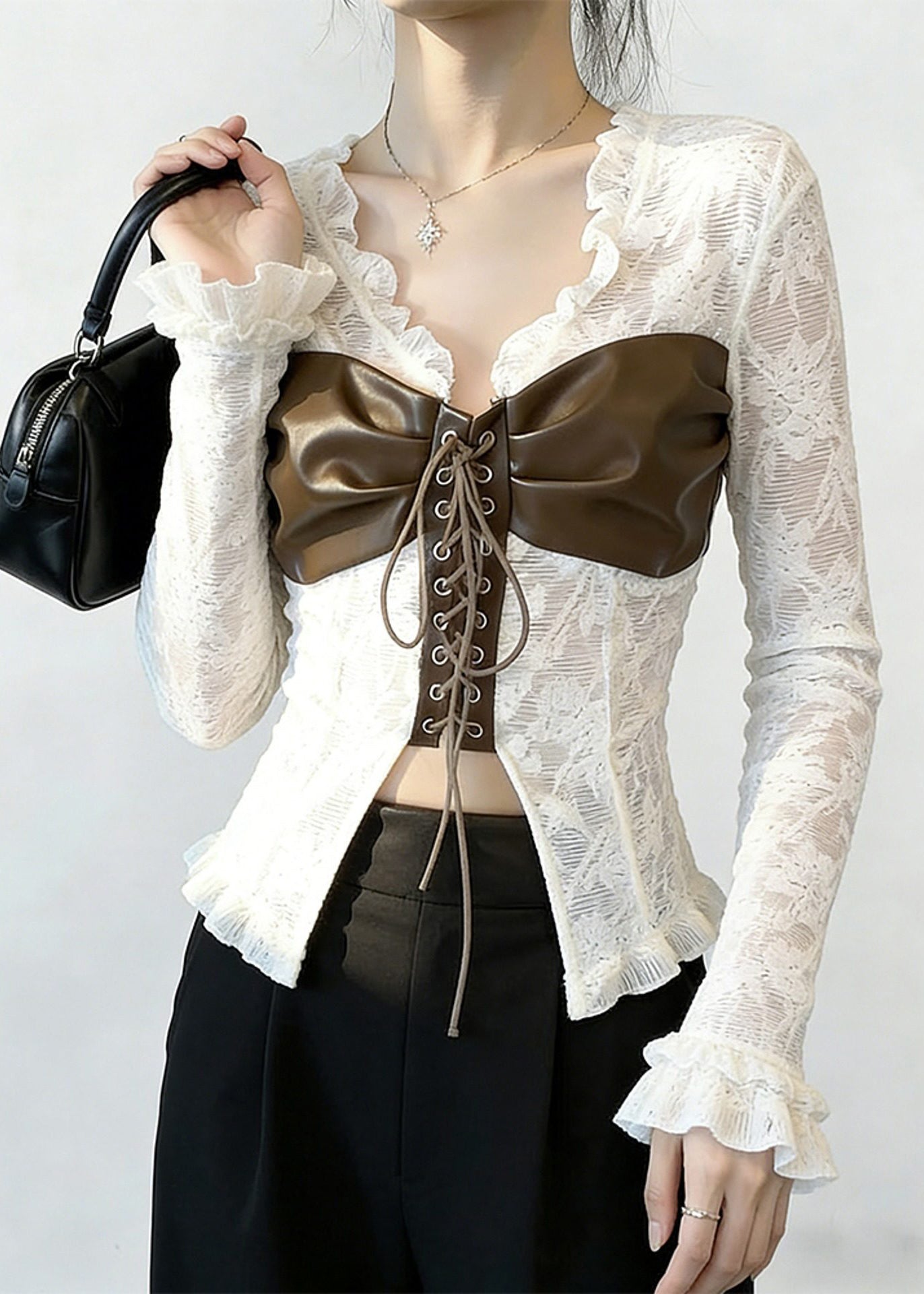 Boho White Patchwork Cross Strap Lace Top Spring