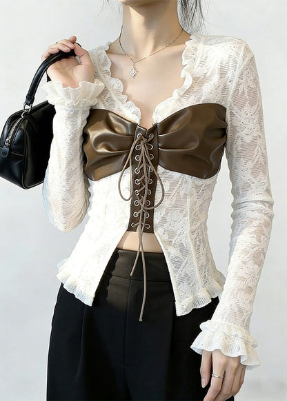Boho White Patchwork Cross Strap Lace Top Spring