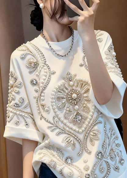 Boho White Patchwork Nail Bead Zircon T Shirt Summer