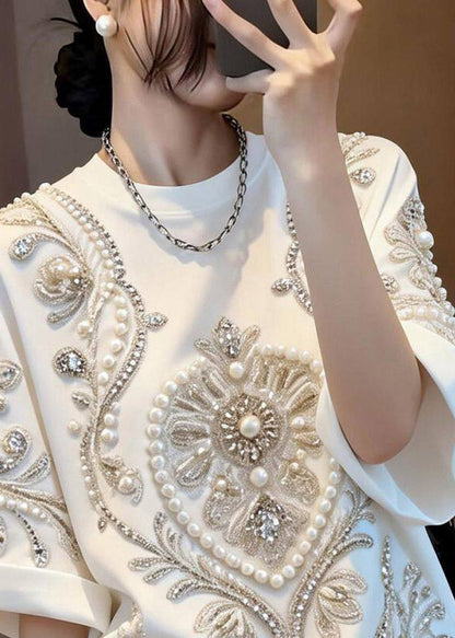 Boho White Patchwork Nail Bead Zircon T Shirt Summer