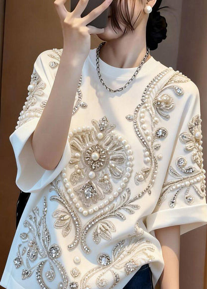 Boho White Patchwork Nail Bead Zircon T Shirt Summer