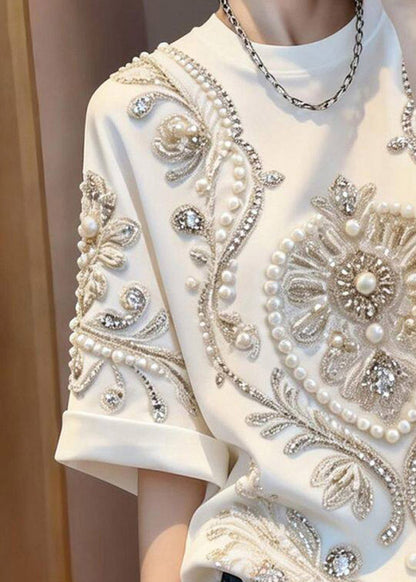 Boho White Patchwork Nail Bead Zircon T Shirt Summer