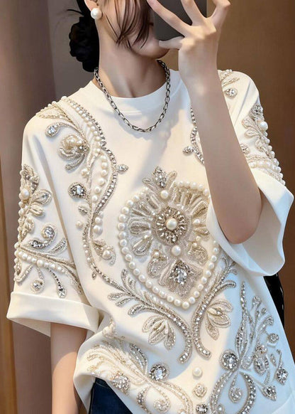 Boho White Patchwork Nail Bead Zircon T Shirt Summer