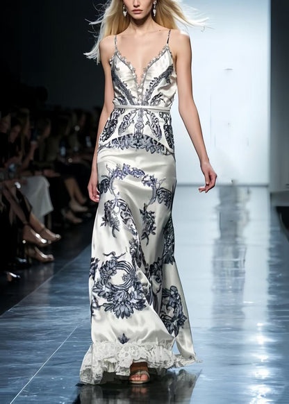 Boho White Print Patchwork Lace Silk Vestidos Dress Summer