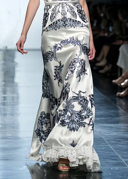 Boho White Print Patchwork Lace Silk Vestidos Dress Summer