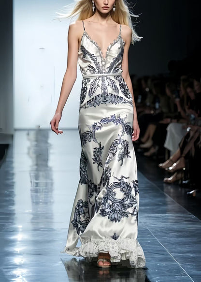 Boho White Print Patchwork Lace Silk Vestidos Dress Summer